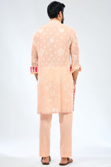 PALE PEACH GEORGETTE THREAD EMBROIDERED PRINT DETAILING KURTA WITH BUNDI AND COTTON SILK PANTS