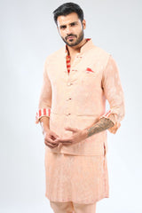 PALE PEACH GEORGETTE THREAD EMBROIDERED PRINT DETAILING KURTA WITH BUNDI AND COTTON SILK PANTS