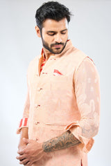 PALE PEACH GEORGETTE THREAD EMBROIDERED PRINT DETAILING KURTA WITH BUNDI AND COTTON SILK PANTS