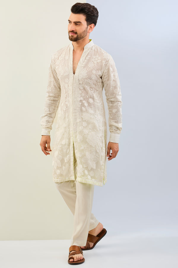 WHITE NET THREAD TONAL EMBOIDERED KURTA WITH FULL LINED WITH SEQUIN GORGGTE LAYER AND MATCHING COTTON SILK PANT