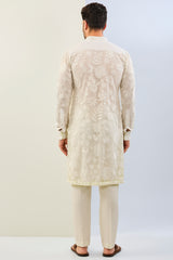 WHITE NET THREAD TONAL EMBOIDERED KURTA WITH FULL LINED WITH SEQUIN GORGGTE LAYER AND MATCHING COTTON SILK PANT