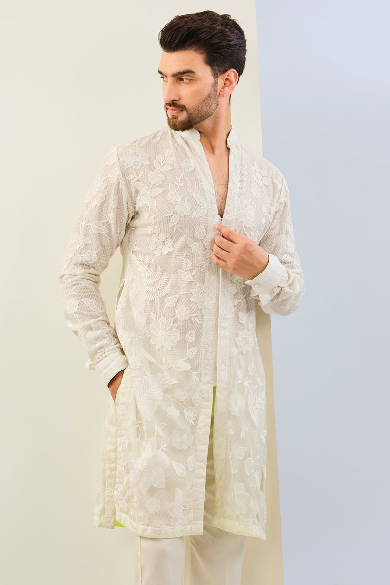 WHITE NET THREAD TONAL EMBOIDERED KURTA WITH FULL LINED WITH SEQUIN GORGGTE LAYER AND MATCHING COTTON SILK PANT