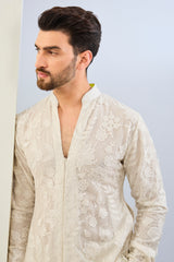 WHITE NET THREAD TONAL EMBOIDERED KURTA WITH FULL LINED WITH SEQUIN GORGGTE LAYER AND MATCHING COTTON SILK PANT