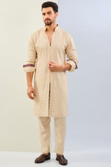 CREAM GORGETTE THREAD LEAF EMBOIDERED UNLIED KURTA WITH PRINT DETAILING AND MATCHING COTTON SILK PANT