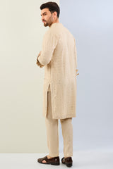 CREAM GORGETTE THREAD LEAF EMBOIDERED UNLIED KURTA WITH PRINT DETAILING AND MATCHING COTTON SILK PANT