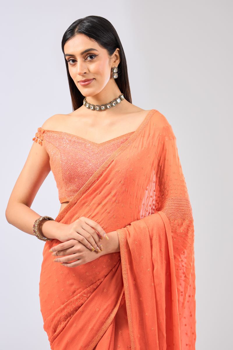 NABIA ORANGE GEORGETTE FULL HAND EMBROIDERED MUMTAZ THREAD WORK & SEQUINS SAREE SET