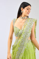 NADIA LIME GREEN GEORGTTE FULL HAND EMBROIDERED LEHENGA WITH BLOUSE & DUPATTA