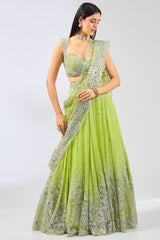 NADIA LIME GREEN GEORGTTE FULL HAND EMBROIDERED LEHENGA WITH BLOUSE & DUPATTA