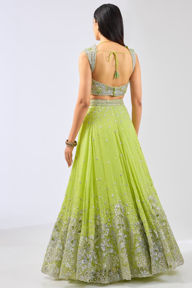 NADIA LIME GREEN GEORGTTE FULL HAND EMBROIDERED LEHENGA WITH BLOUSE & DUPATTA