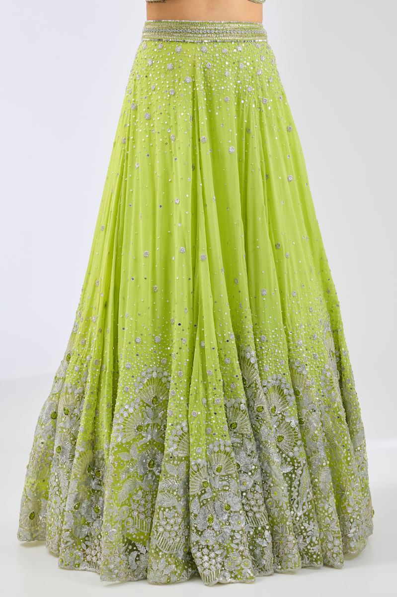 NADIA LIME GREEN GEORGTTE FULL HAND EMBROIDERED LEHENGA WITH BLOUSE & DUPATTA