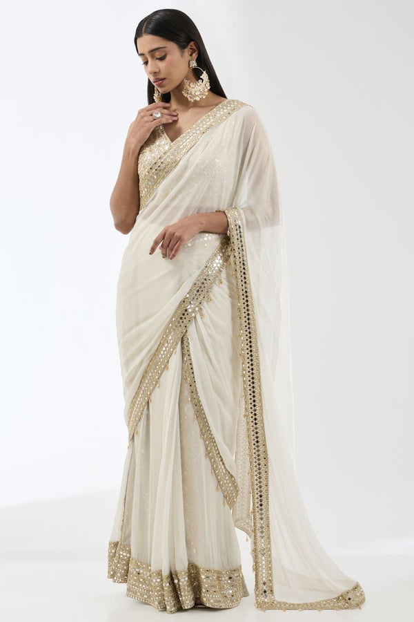 SAIRAA IVORY WITH GOLD ZARI STITCHED SARI SET