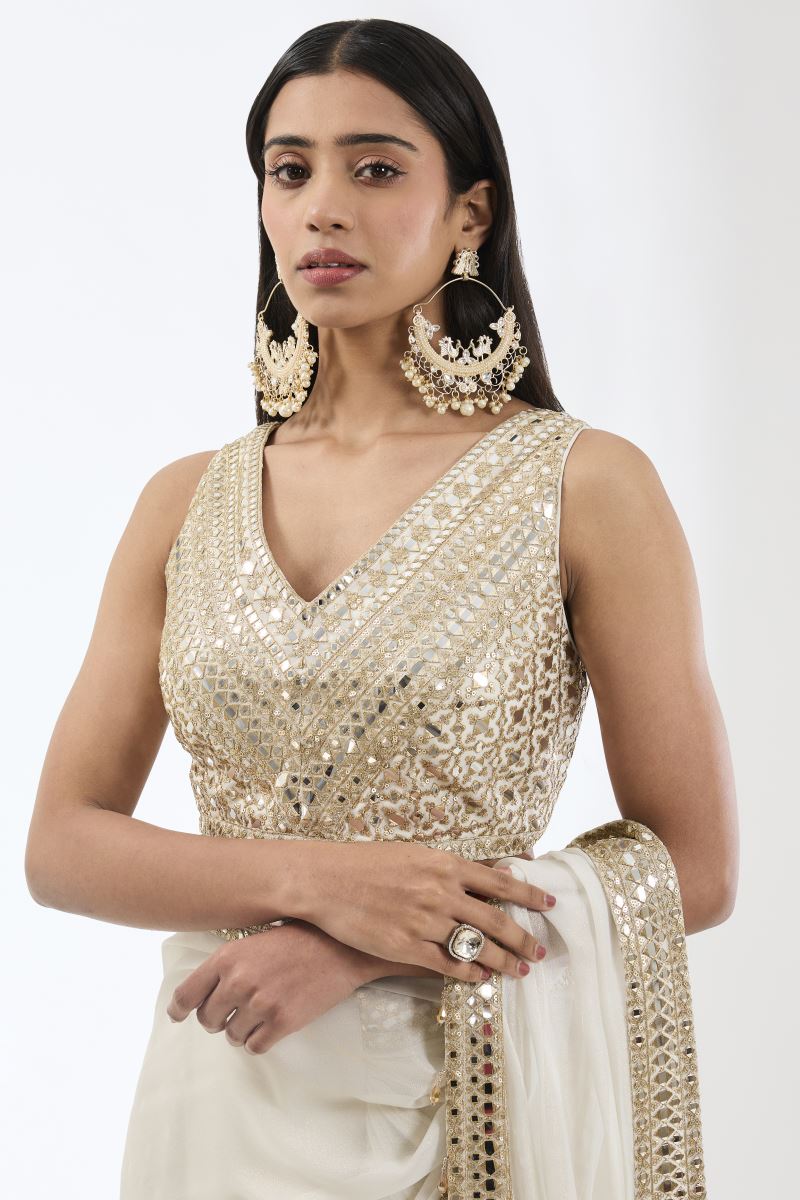 SAIRAA IVORY WITH GOLD ZARI STITCHED SARI SET