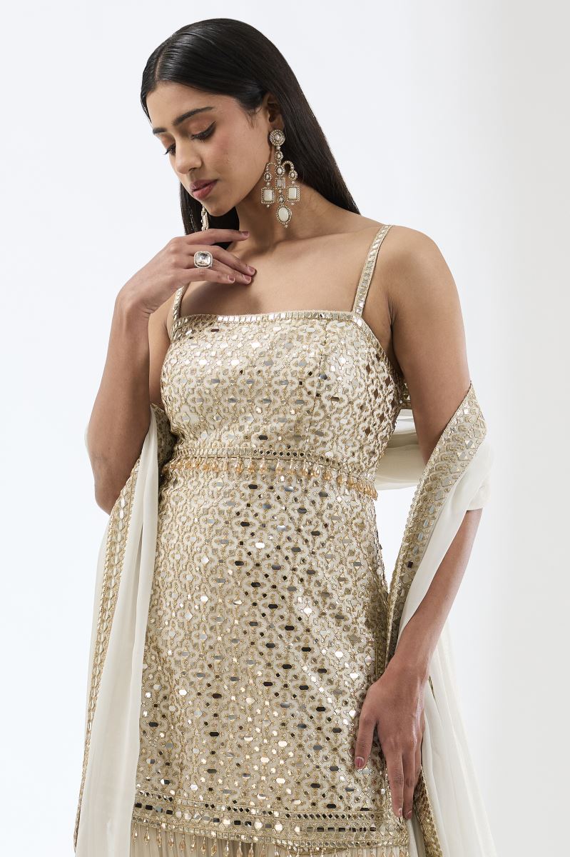 AYAT IVORY WITH GOLD ZARI SEQUIN MIRROR WORK KURTA SET