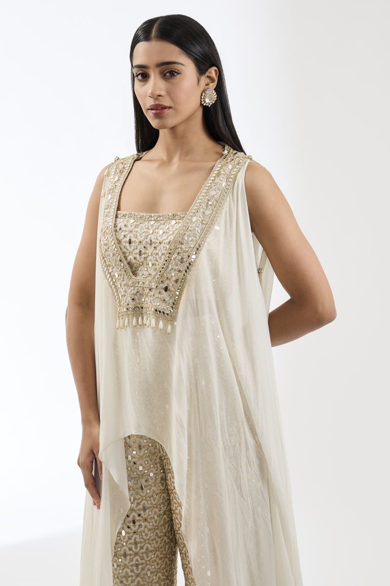 RABIA IVORY WITH GOLD ZARI SEQUIN MIRROR CAPE SET