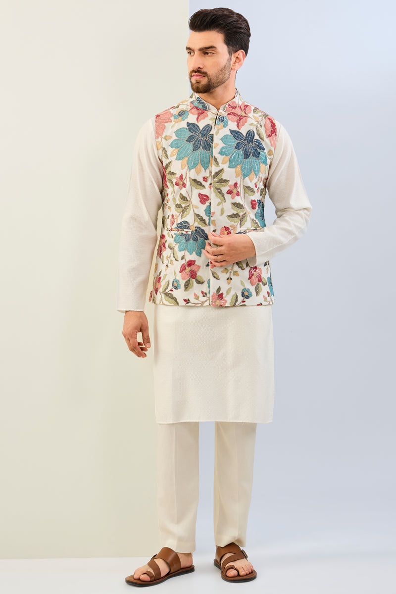 OFFWHITE GORGETTE LINED  FULLY EMBOIDERED MULTI COLOR THREAD SEQUIN EMBOIDERED BUNDI WITH SILK KURTA AND MATCHING COTTON SILK PANT