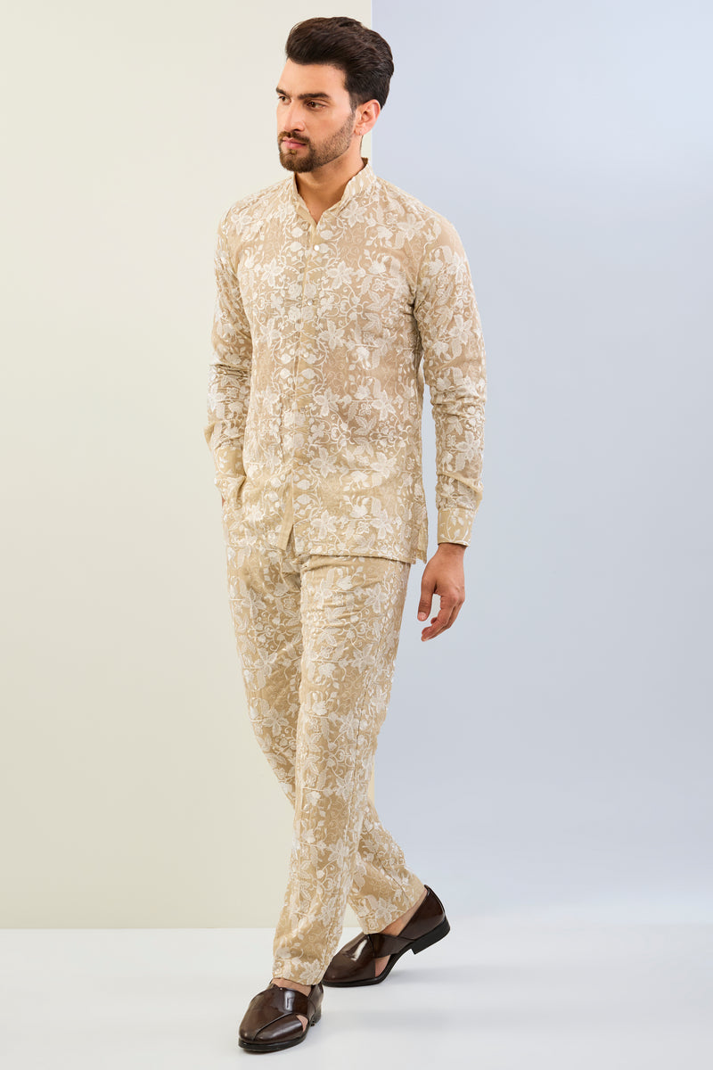 NUDE GOREGTTE THREAD EMBOIDERED SHIRT AND PAJAMA