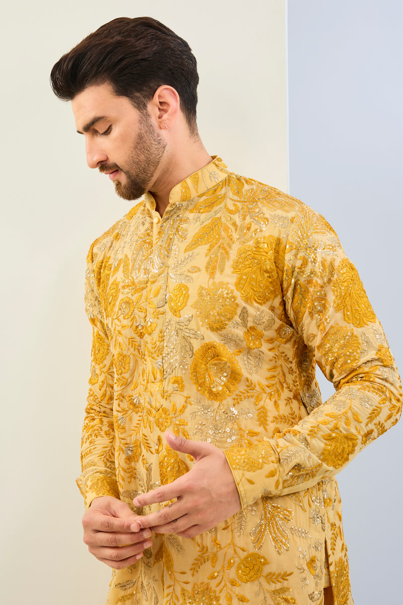 HALDI YELLOW  GORGETTE LINED  FULLY EMBOIDERED MULTI COLOR THREAD SEQUIN EMBOIDERED  KURTA AND MATCHING COTTON SILK PANT