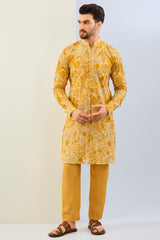 HALDI YELLOW  GORGETTE LINED  FULLY EMBOIDERED MULTI COLOR THREAD SEQUIN EMBOIDERED  KURTA AND MATCHING COTTON SILK PANT