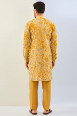 HALDI YELLOW  GORGETTE LINED  FULLY EMBOIDERED MULTI COLOR THREAD SEQUIN EMBOIDERED  KURTA AND MATCHING COTTON SILK PANT