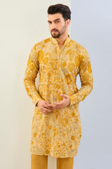 HALDI YELLOW  GORGETTE LINED  FULLY EMBOIDERED MULTI COLOR THREAD SEQUIN EMBOIDERED  KURTA AND MATCHING COTTON SILK PANT