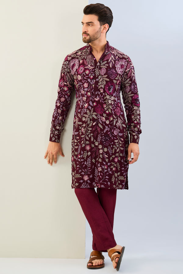 OX BLOOD GORGETTE LINED  FULLY EMBOIDERED MULTI COLOR THREAD SEQUIN EMBOIDERED KURTA AND MATCHING COTTON SILK PANT