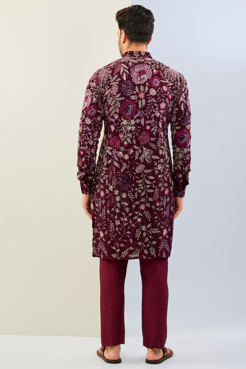 OX BLOOD GORGETTE LINED  FULLY EMBOIDERED MULTI COLOR THREAD SEQUIN EMBOIDERED KURTA AND MATCHING COTTON SILK PANT