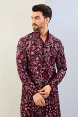 OX BLOOD GORGETTE LINED  FULLY EMBOIDERED MULTI COLOR THREAD SEQUIN EMBOIDERED KURTA AND MATCHING COTTON SILK PANT