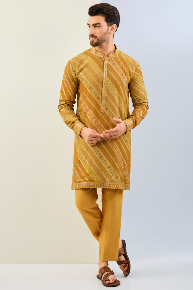 HALDI YELLOW GORGETTE BANDHNI LEHERIYA LINED KURTA WITH SEQUIN CUFF, COLLAR, PLACKET AND MATCHING COTTON SILK PANT