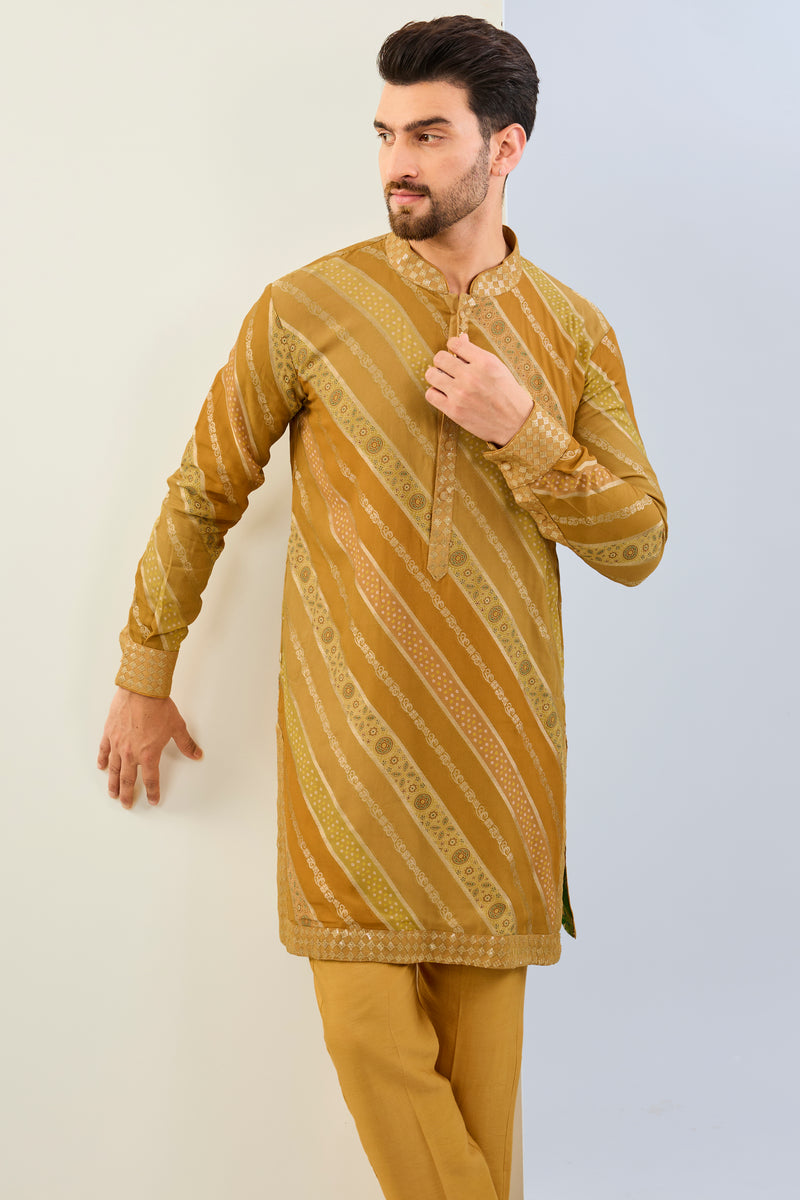 HALDI YELLOW GORGETTE BANDHNI LEHERIYA LINED KURTA WITH SEQUIN CUFF, COLLAR, PLACKET AND MATCHING COTTON SILK PANT