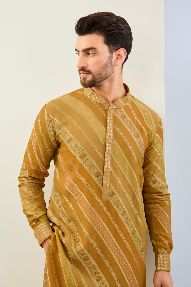 HALDI YELLOW GORGETTE BANDHNI LEHERIYA LINED KURTA WITH SEQUIN CUFF, COLLAR, PLACKET AND MATCHING COTTON SILK PANT