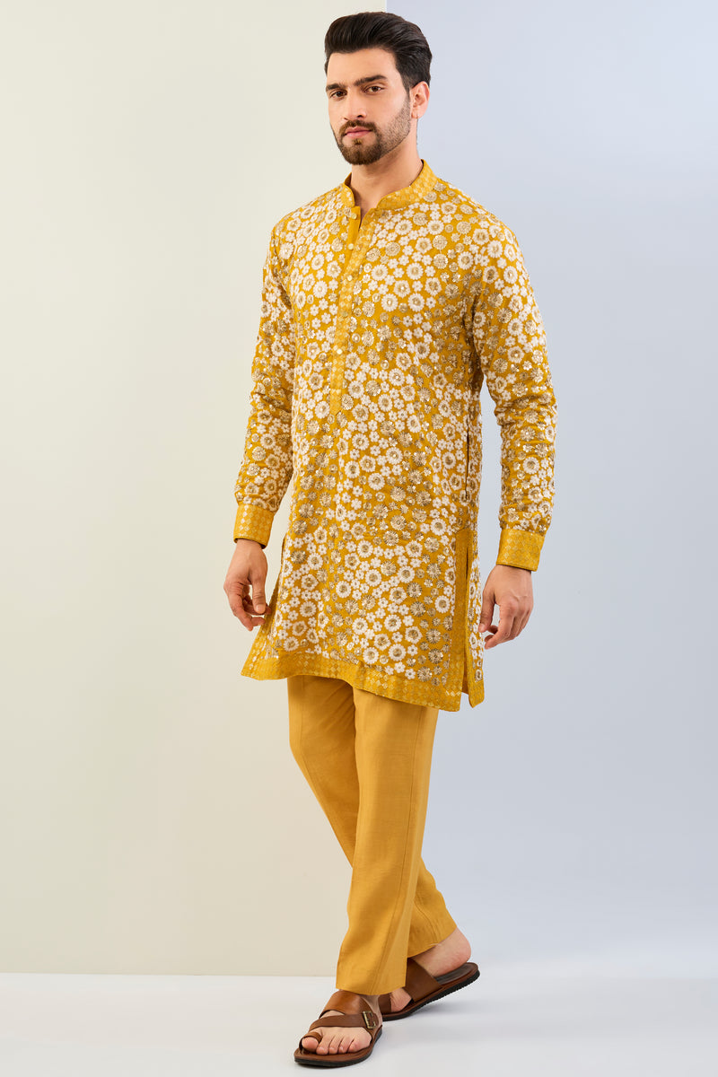 HALDI YELLOW GORGETTE WITH THREAD SEQUIN WORK LINED KURTA WITH SEQUIN CUFF, COLLAR, PLACKET  AND MATCHING COTTON SILK PANT