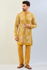 HALDI YELLOW GORGETTE WITH THREAD SEQUIN WORK LINED KURTA WITH SEQUIN CUFF, COLLAR, PLACKET  AND MATCHING COTTON SILK PANT