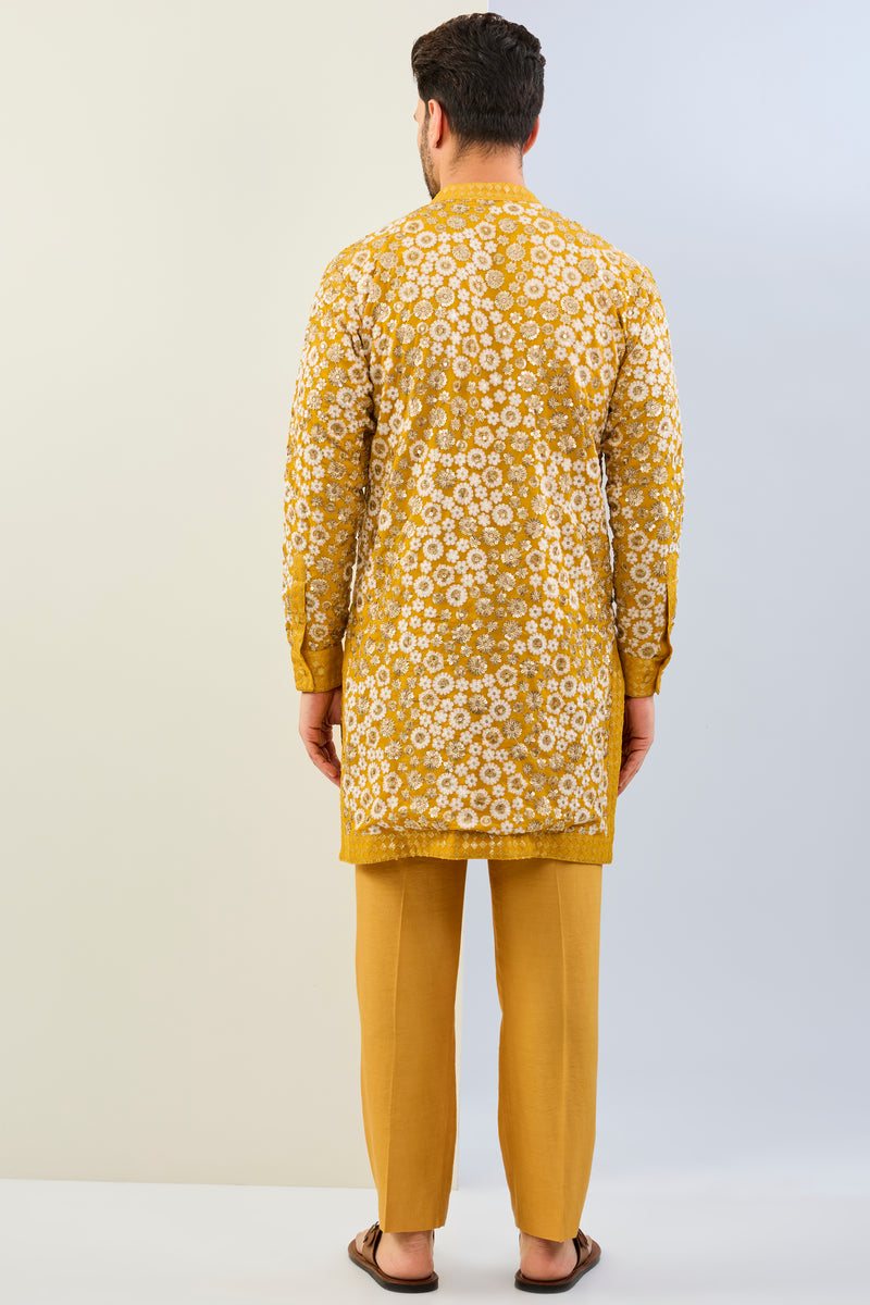 HALDI YELLOW GORGETTE WITH THREAD SEQUIN WORK LINED KURTA WITH SEQUIN CUFF, COLLAR, PLACKET  AND MATCHING COTTON SILK PANT