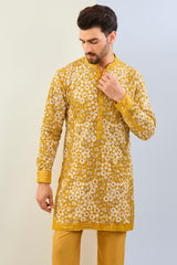 HALDI YELLOW GORGETTE WITH THREAD SEQUIN WORK LINED KURTA WITH SEQUIN CUFF, COLLAR, PLACKET  AND MATCHING COTTON SILK PANT