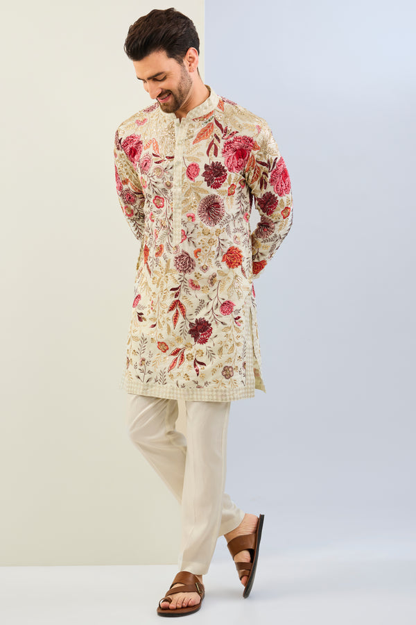 OFFWHITE GORGETTE LINED  FULLY EMBOIDERED MULTI COLOR THREAD SEQUIN EMBOIDERED KURTA AND MATCHING COTTON SILK PANT