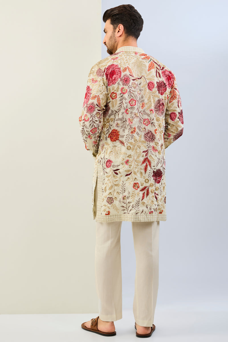 OFFWHITE GORGETTE LINED  FULLY EMBOIDERED MULTI COLOR THREAD SEQUIN EMBOIDERED KURTA AND MATCHING COTTON SILK PANT