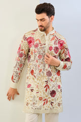 OFFWHITE GORGETTE LINED  FULLY EMBOIDERED MULTI COLOR THREAD SEQUIN EMBOIDERED KURTA AND MATCHING COTTON SILK PANT