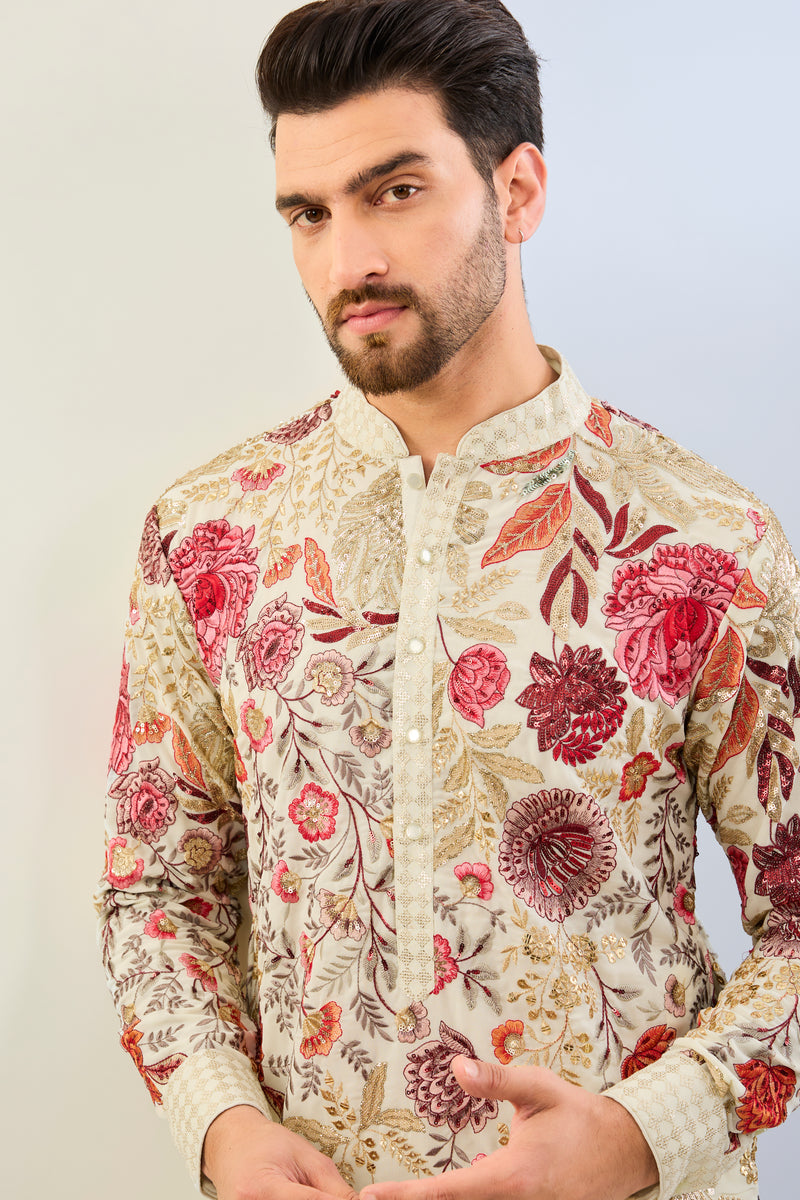 OFFWHITE GORGETTE LINED  FULLY EMBOIDERED MULTI COLOR THREAD SEQUIN EMBOIDERED KURTA AND MATCHING COTTON SILK PANT