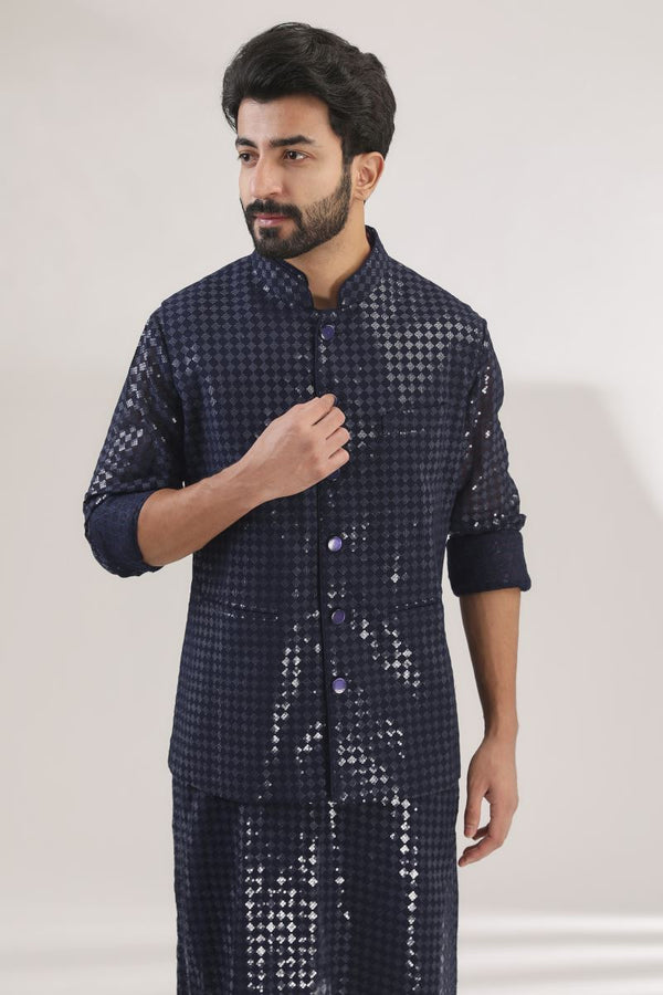 BLUE FULLY EMNROIDERED KURTA WITH BUNDI AND PANTS