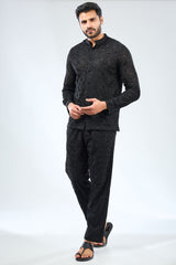 BLACK GEOREGTTE THREAD EMBROIDERED SHIRT AND PYJAMA SET