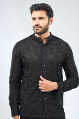 BLACK GEOREGTTE THREAD EMBROIDERED SHIRT AND PYJAMA SET