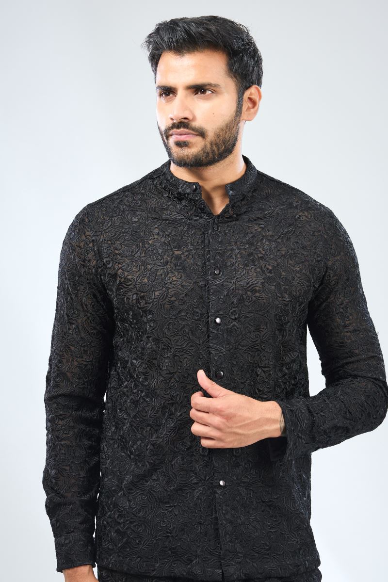 BLACK GEOREGTTE THREAD EMBROIDERED SHIRT AND PYJAMA SET