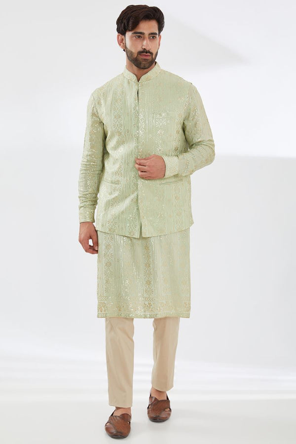 SAGE GREEN WITH GOLD SEQUINS EMBROIDERED UNLINED GEORGETTE KURTA WITH BUNDI AND BEIGE PANTS