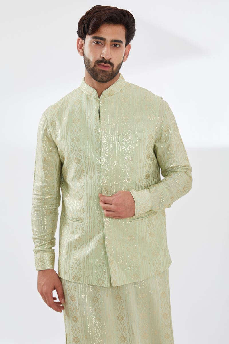 SAGE GREEN WITH GOLD SEQUINS EMBROIDERED UNLINED GEORGETTE KURTA WITH BUNDI AND BEIGE PANTS