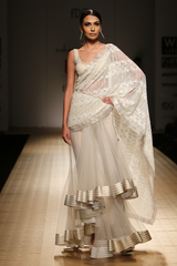 Ivory 18 Meter Net Frill Lehenga Sari Set with Beaded Lace Drape Palla with Diamond Churi Trouser