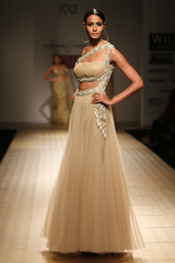Gold Net Poof Nizam Belts One Shoulder with Roses Lace & Sheeted  Bustier Gown with Roses Lace Churi Trouser