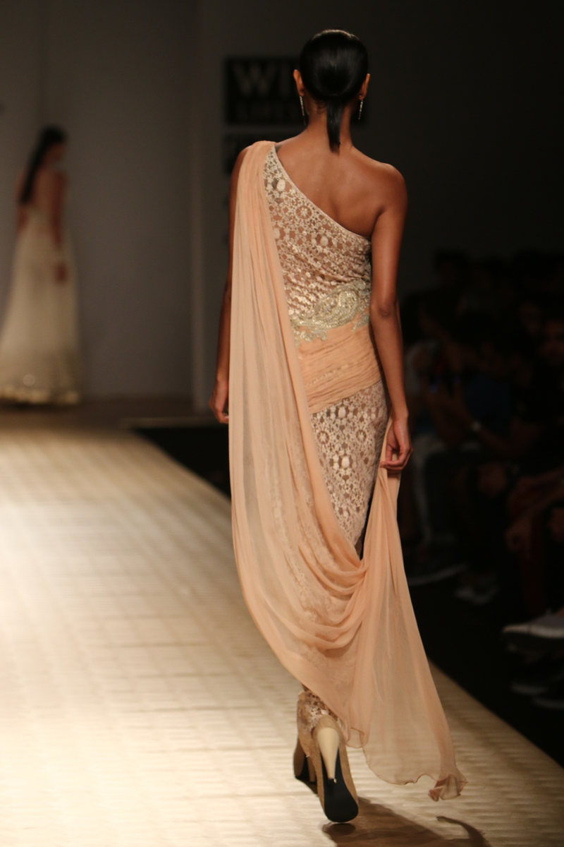 Sun Kissed Peach A-Line Lace with Chiffon Roughing with Drape One Shoulder Gown with Pasiley  Bootas Gown