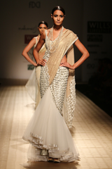 Ivory Net Frill Lehenga Sari with Flower Lace Gold Foil Drape Palla Sari with Brocade Petticoat