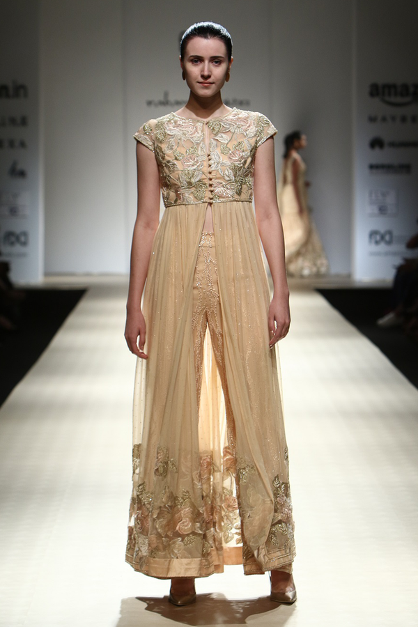 Honey Chiffon Roughed Gown W/Flower Border W/ Waves Trouser