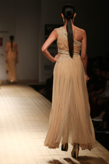 Gold Chiffon Roughed with Side Embroidered Panel One Shoulder Jgj-13 Yoke Gown W/ Gold Roses Lace  Churi Trouser